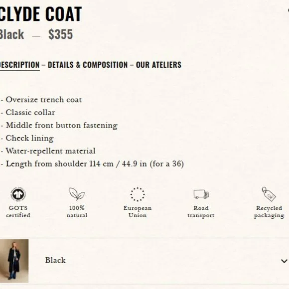 Sezane Clyde Coat Black - Size 10 - Picture 5 of 9